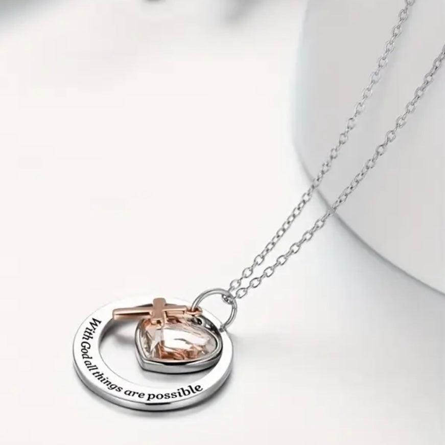 Beautiful “With God” Stainless Steel Cross Accent Necklace