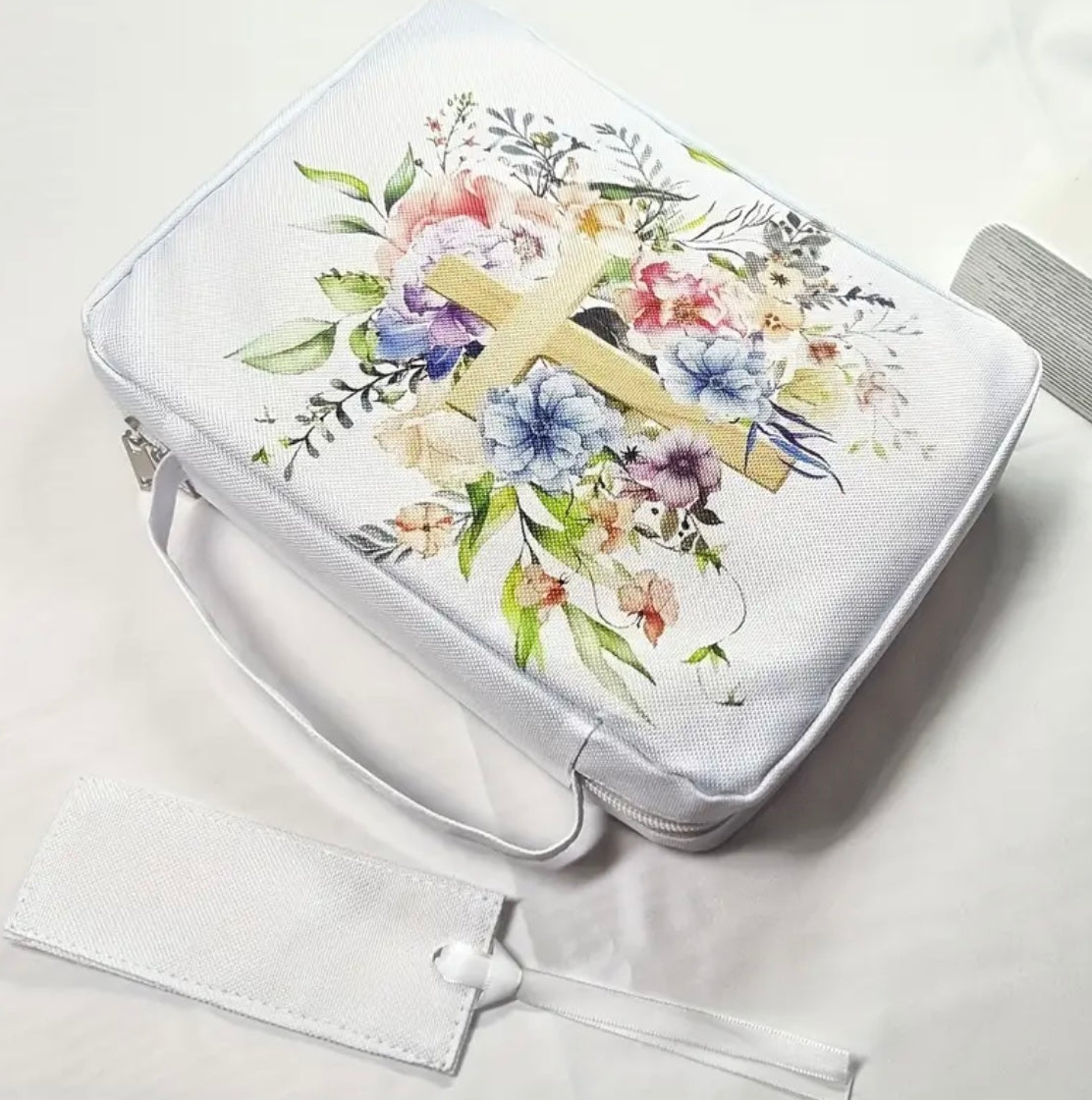 White Floral Cross Print Bible Case