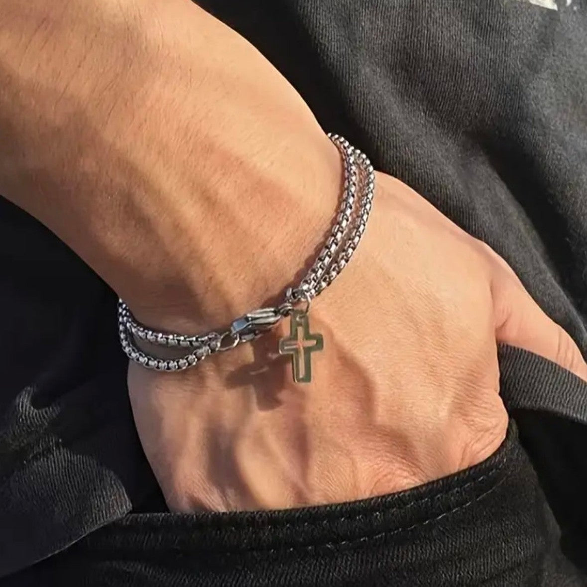 Stainless Steel Double Layer Box Chain Cross Bracelet