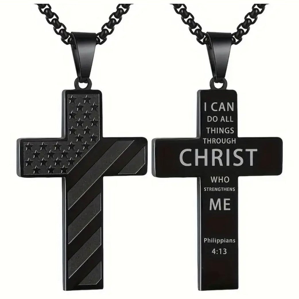 Men’s Phil 4:13 American Flag Stainless Steel Cross Necklace