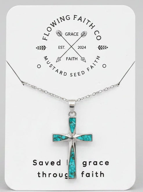 Beautiful Turquoise Pearl Cross Stainless Steel Necklace