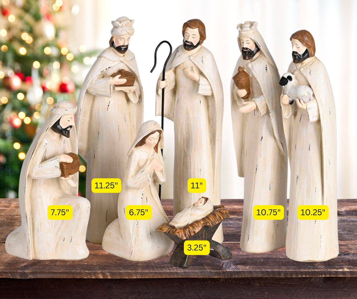 White Carved Wood 7 Piece Nativity 11"H