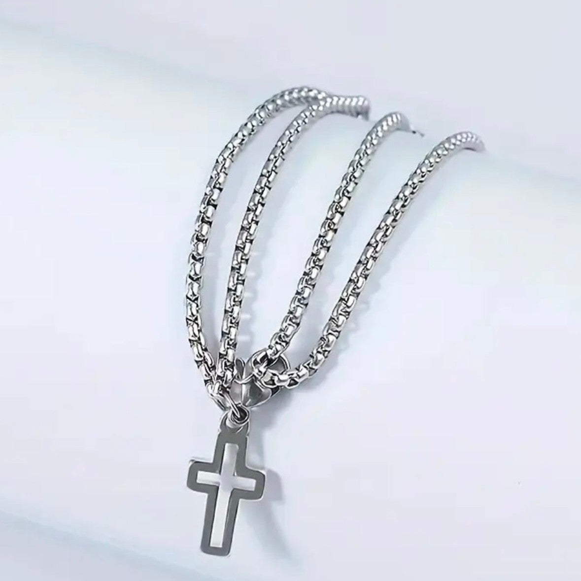 Stainless Steel Double Layer Box Chain Cross Bracelet