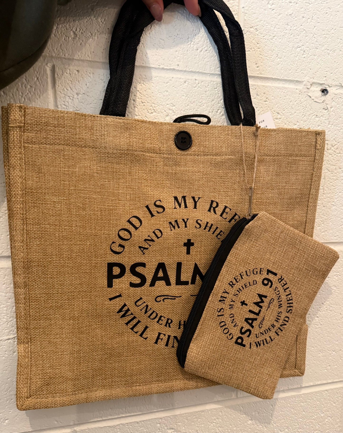Psalm 91 Burlap Tote Bag with Accessory Bag