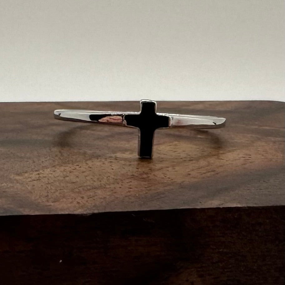 Elegant Simple Sterling Silver Black Enamel Cross Ring