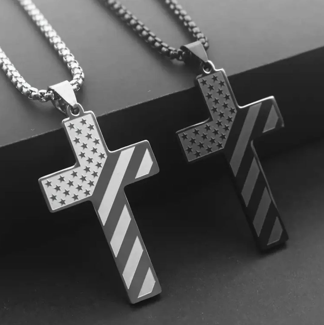Men’s Phil 4:13 American Flag Stainless Steel Cross Necklace