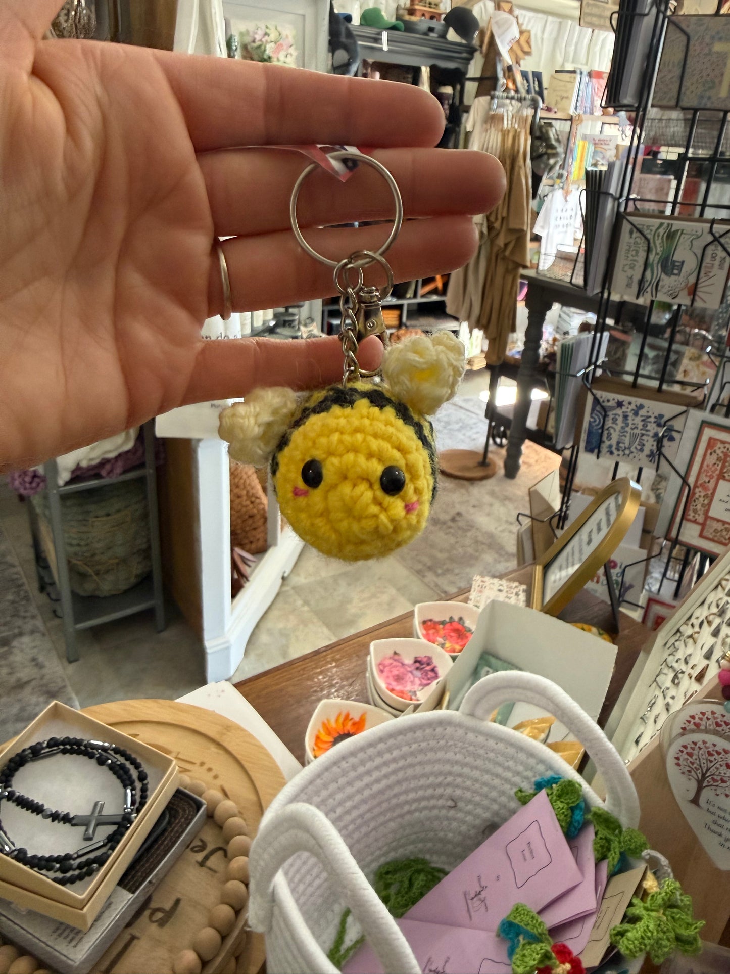Three Sisters Shenanigans Hand Crocheted Bumble Bee Keychain