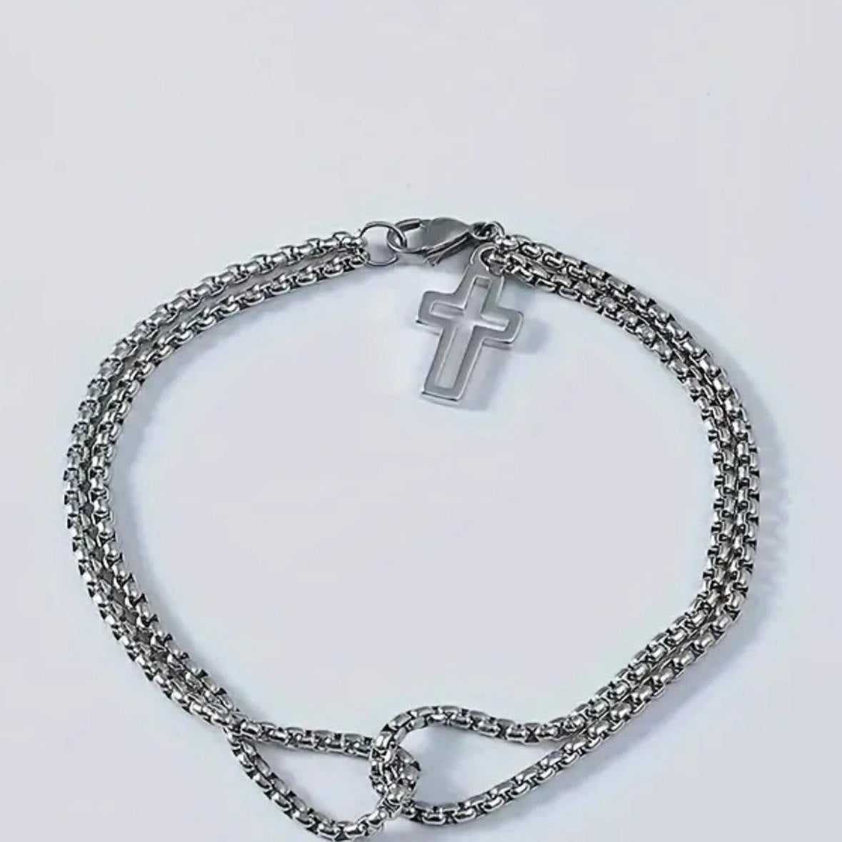Stainless Steel Double Layer Box Chain Cross Bracelet