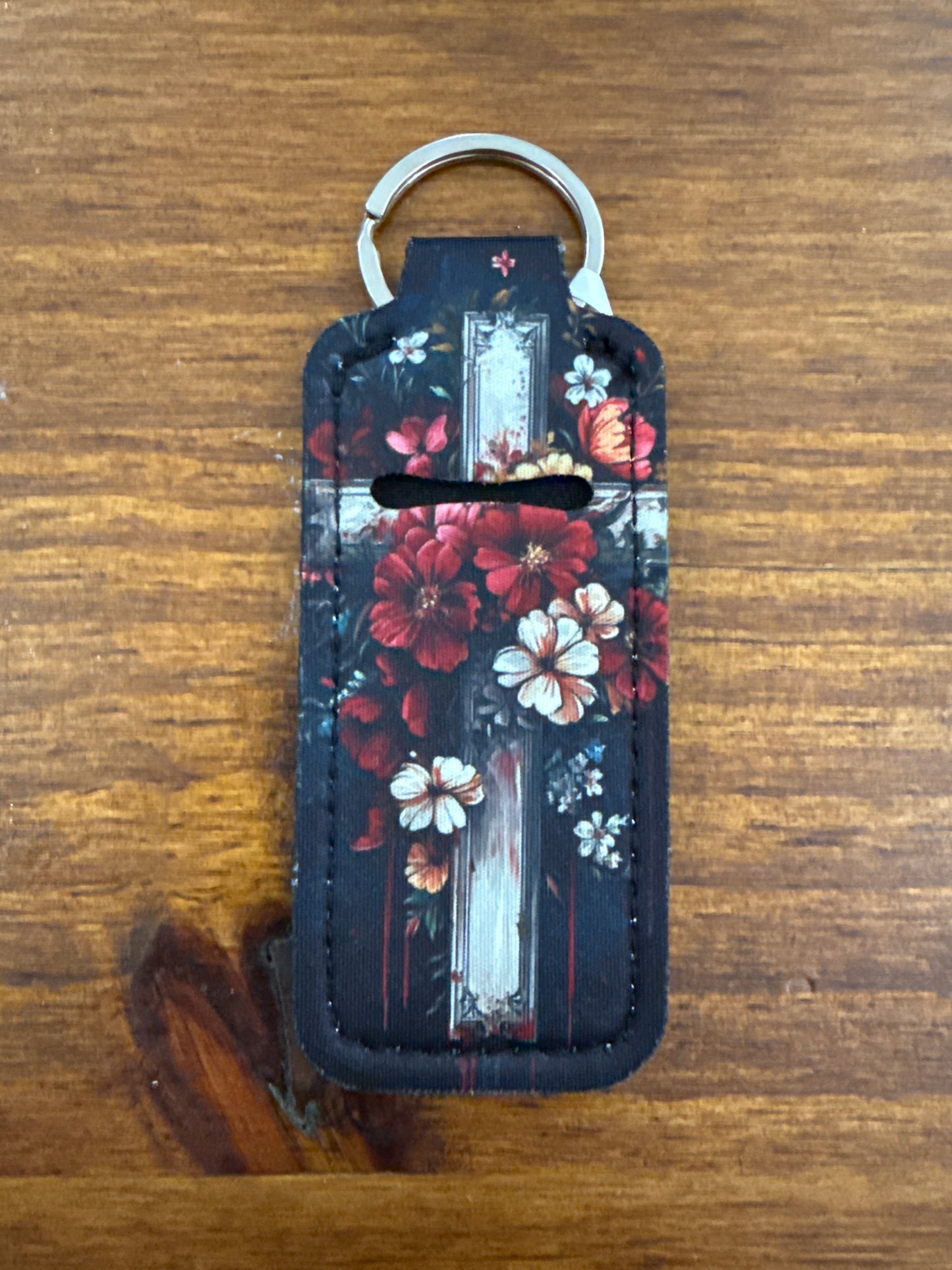Elegant Floral Cross Keychain Chapstick Holder