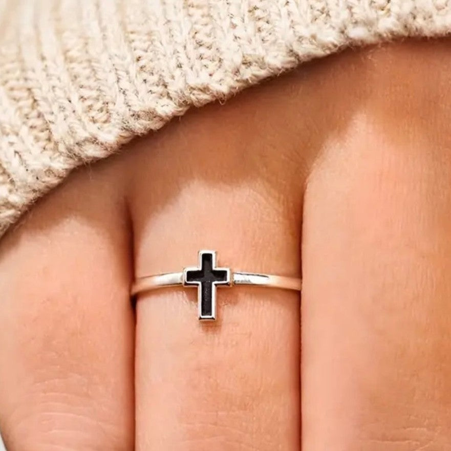 Elegant Simple Sterling Silver Black Enamel Cross Ring