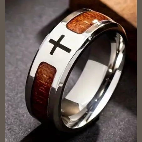 Men’s Wood Grain Stainless Steel Cross Ring