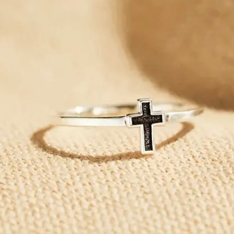 Elegant Simple Sterling Silver Black Enamel Cross Ring