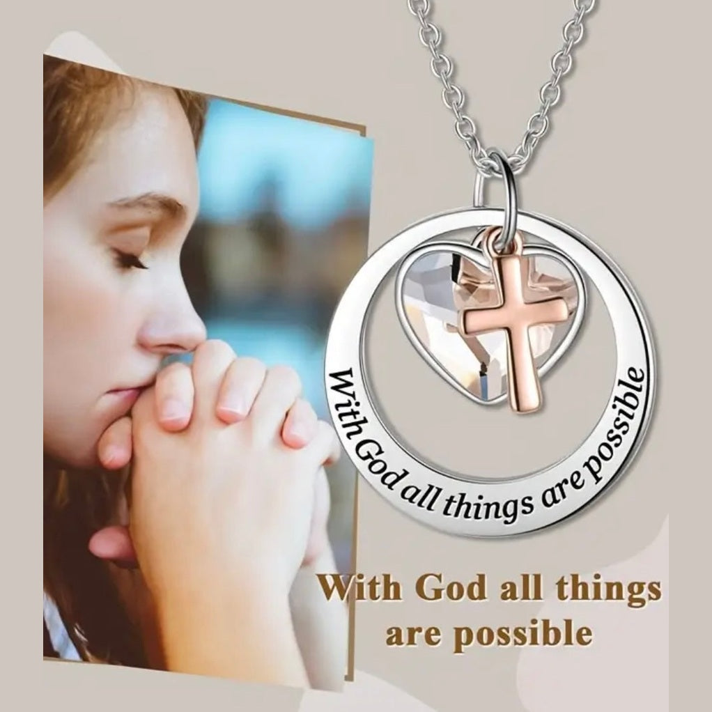 Beautiful “With God” Stainless Steel Cross Accent Necklace