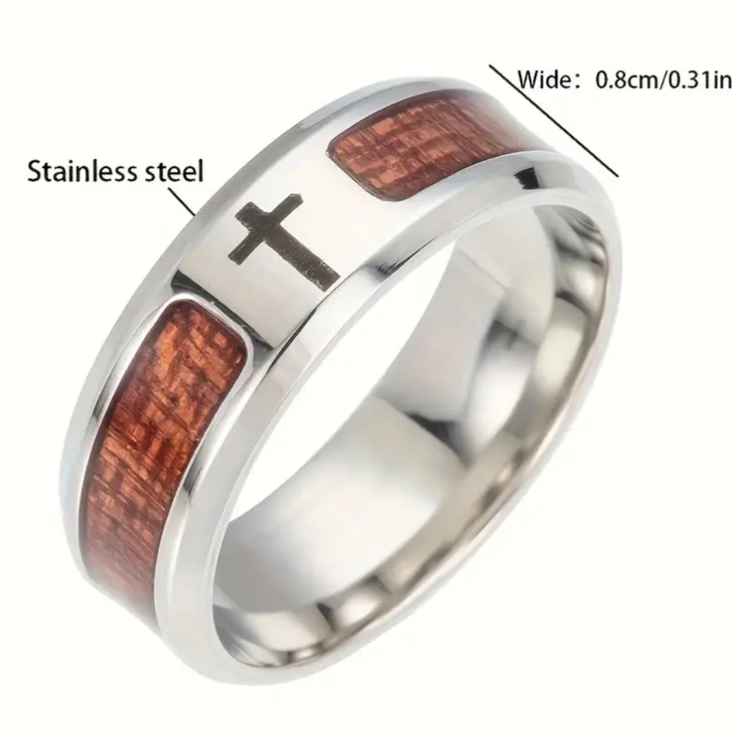 Men’s Wood Grain Stainless Steel Cross Ring