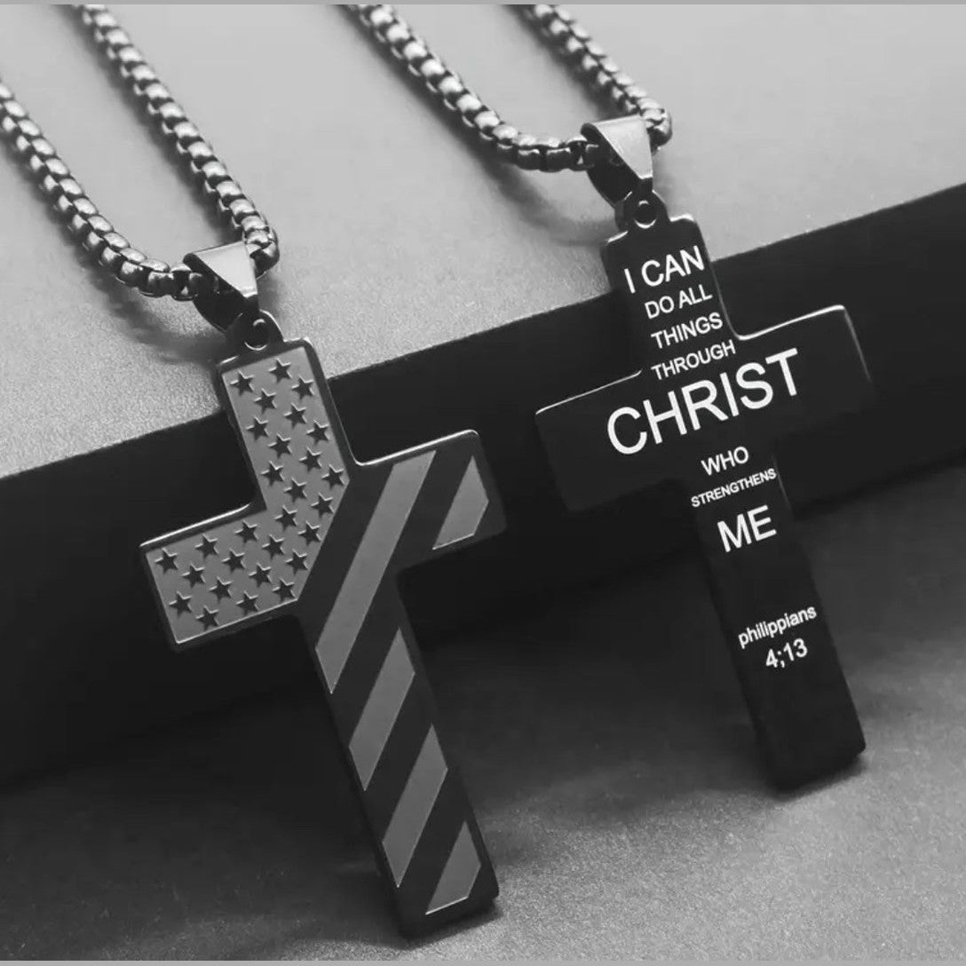 Men’s Phil 4:13 American Flag Stainless Steel Cross Necklace