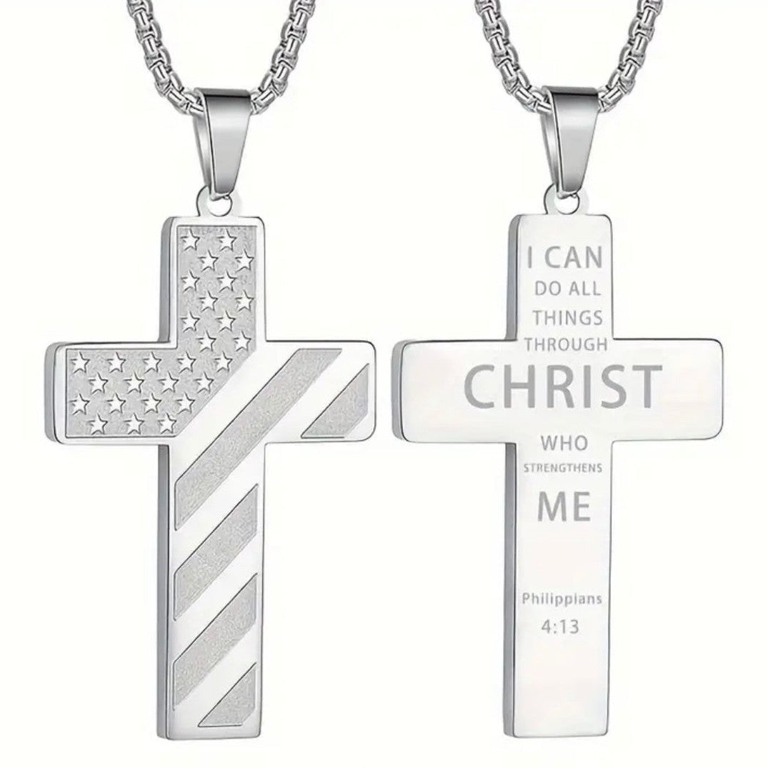 Men’s Phil 4:13 American Flag Stainless Steel Cross Necklace