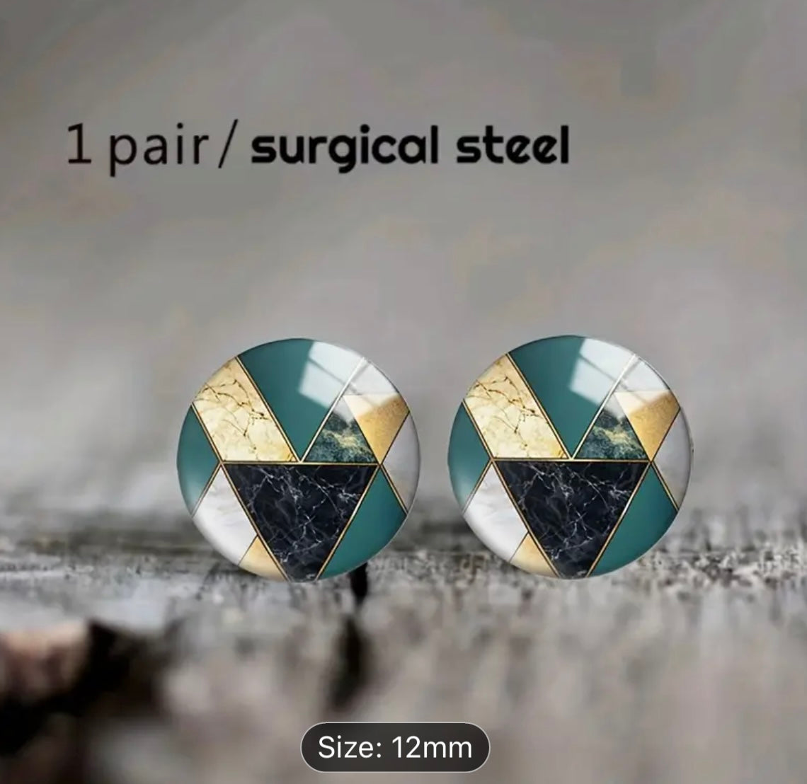 Stainless Steel Geometric Green/Black/Gold Round Glass Earrings