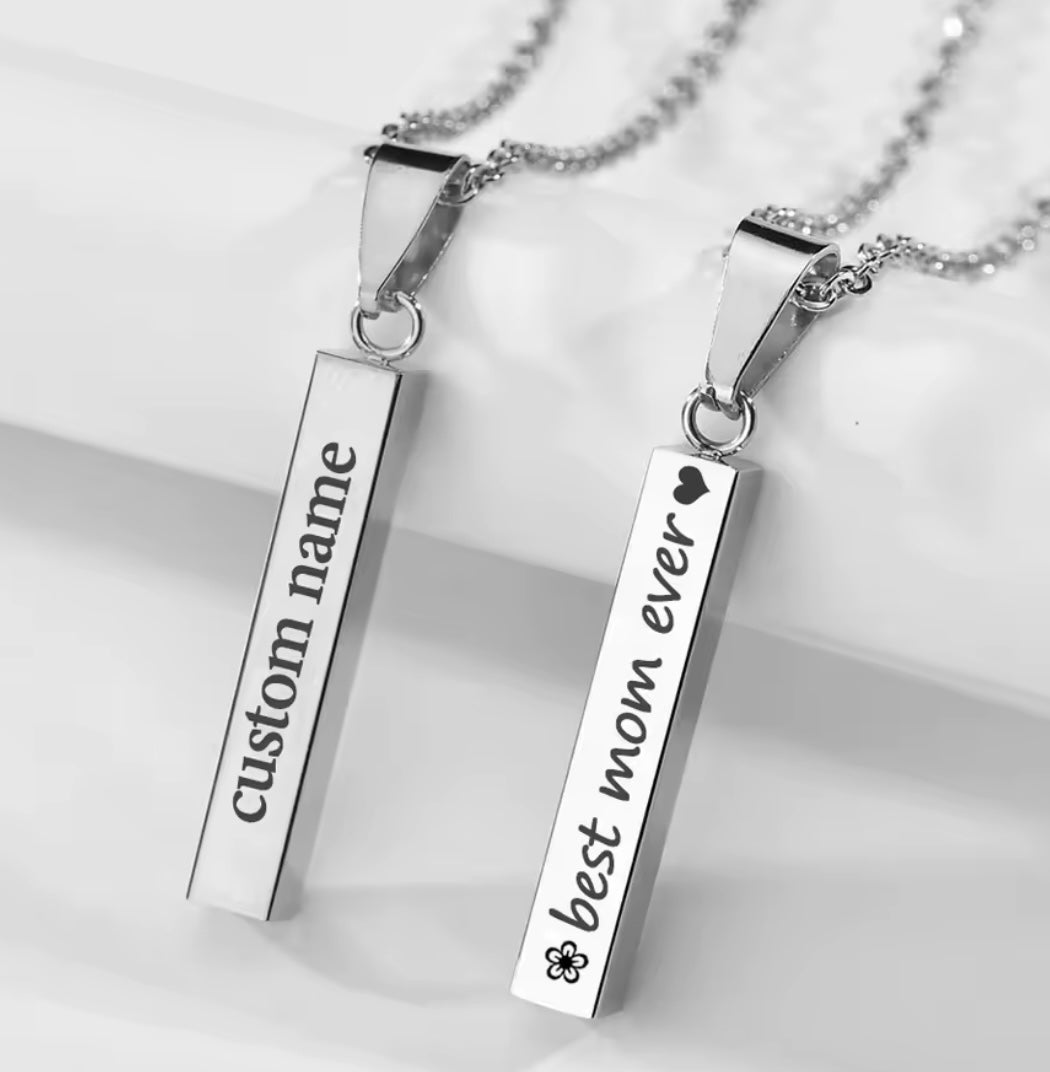Cute Custom Engraved Stainless Steel Bar Pendant Necklace