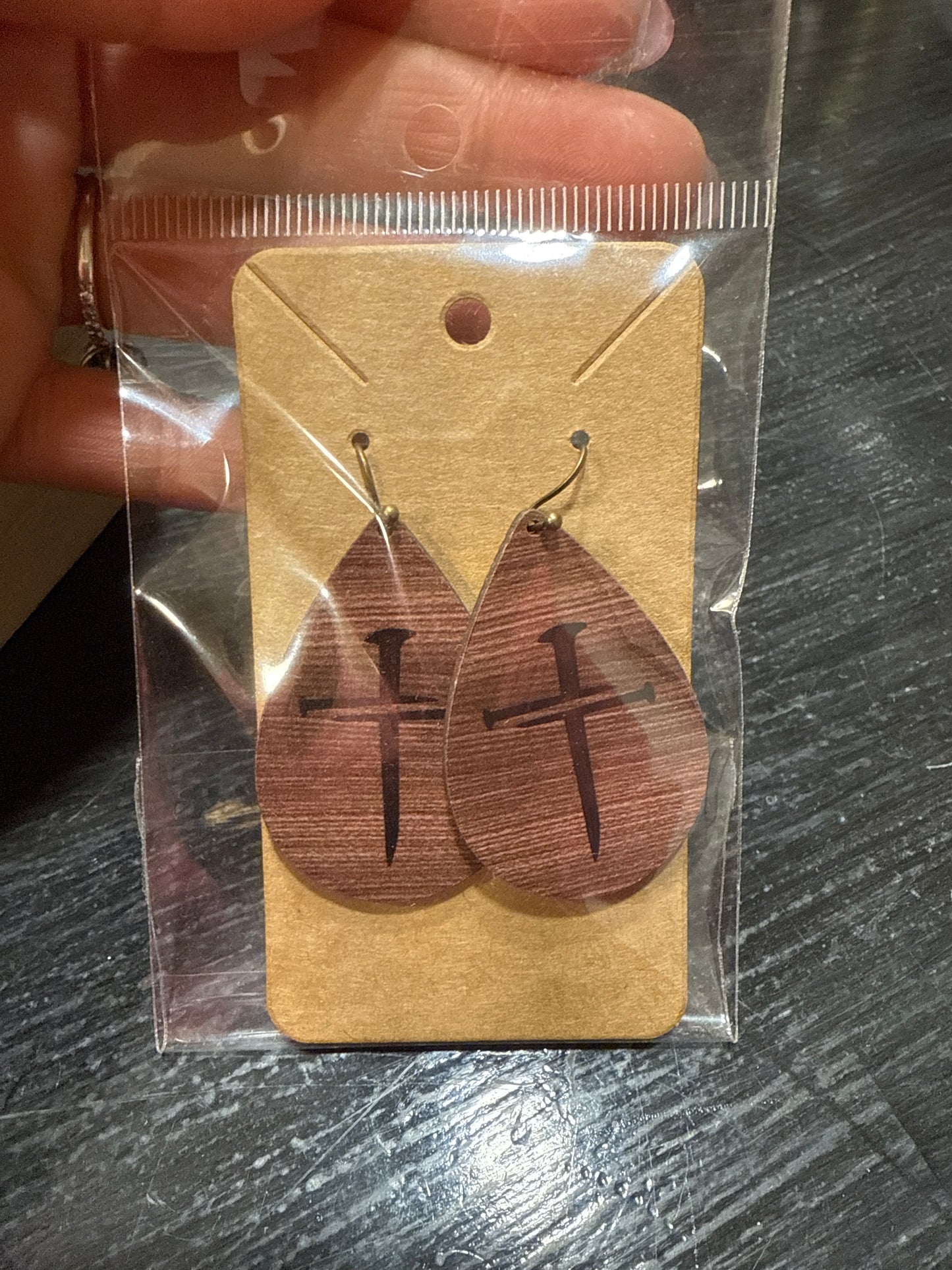 Wooden Teardrop Nail Cross Earrings