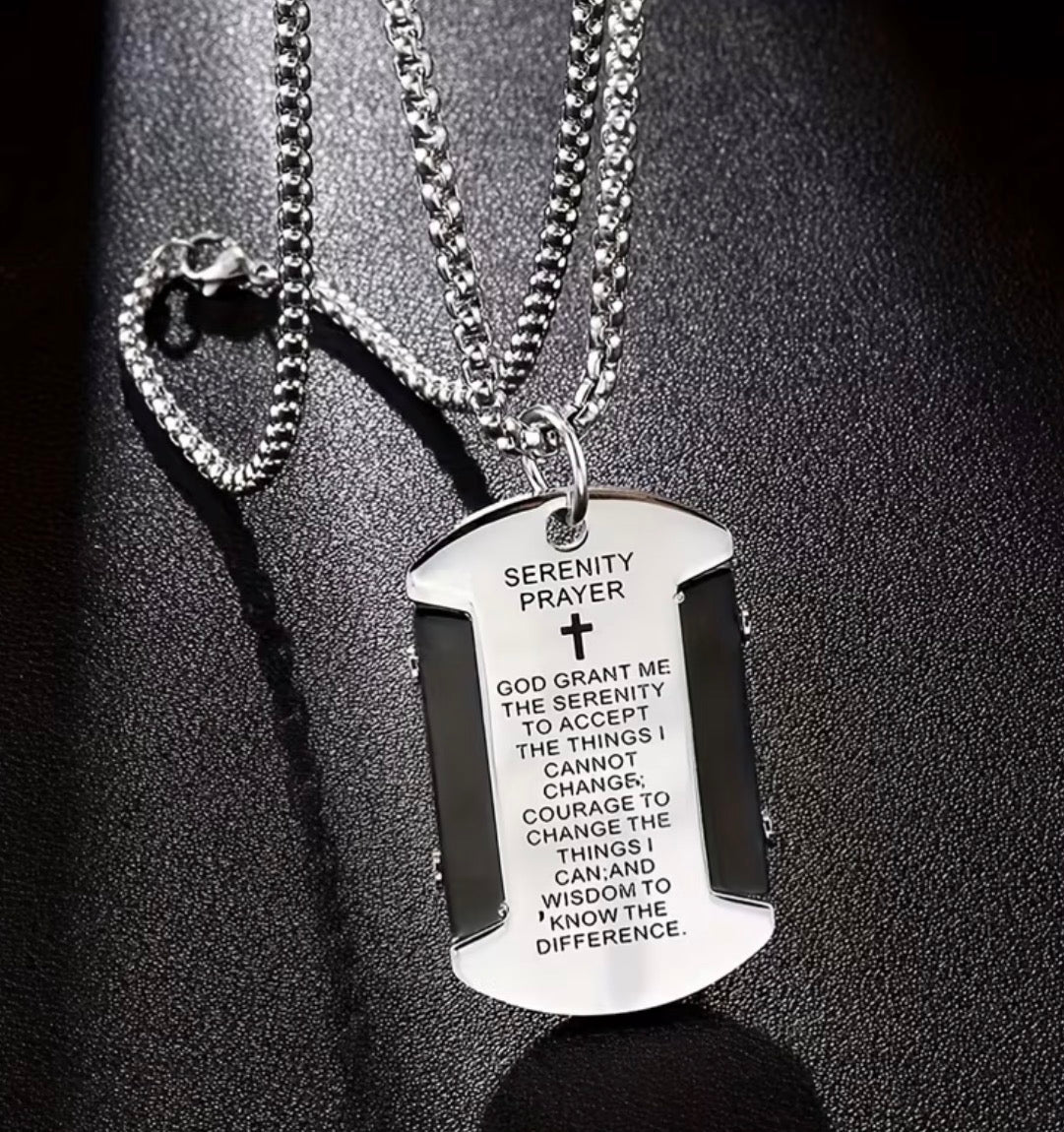 Men’s Stainless Steel Dog Tag Style Serenity Prayer Necklace