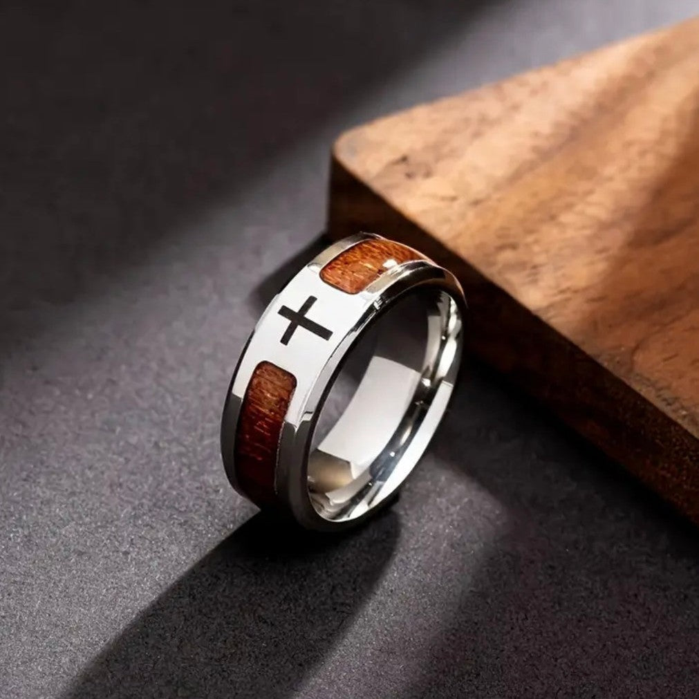 Men’s Wood Grain Stainless Steel Cross Ring