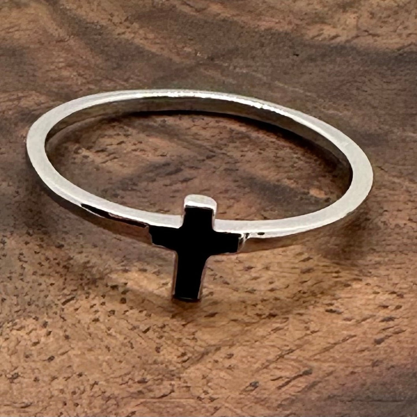 Elegant Simple Sterling Silver Black Enamel Cross Ring