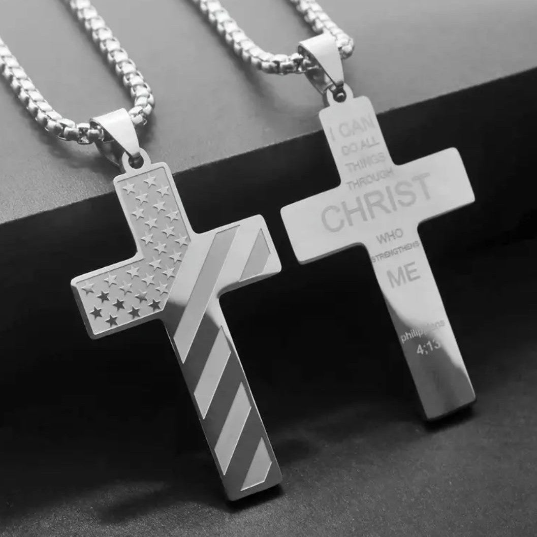 Men’s Phil 4:13 American Flag Stainless Steel Cross Necklace
