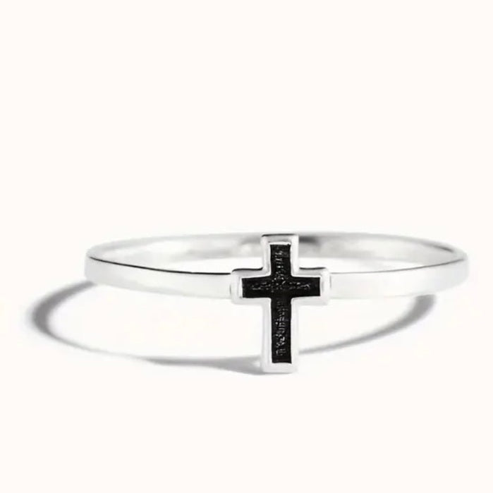 Elegant Simple Sterling Silver Black Enamel Cross Ring