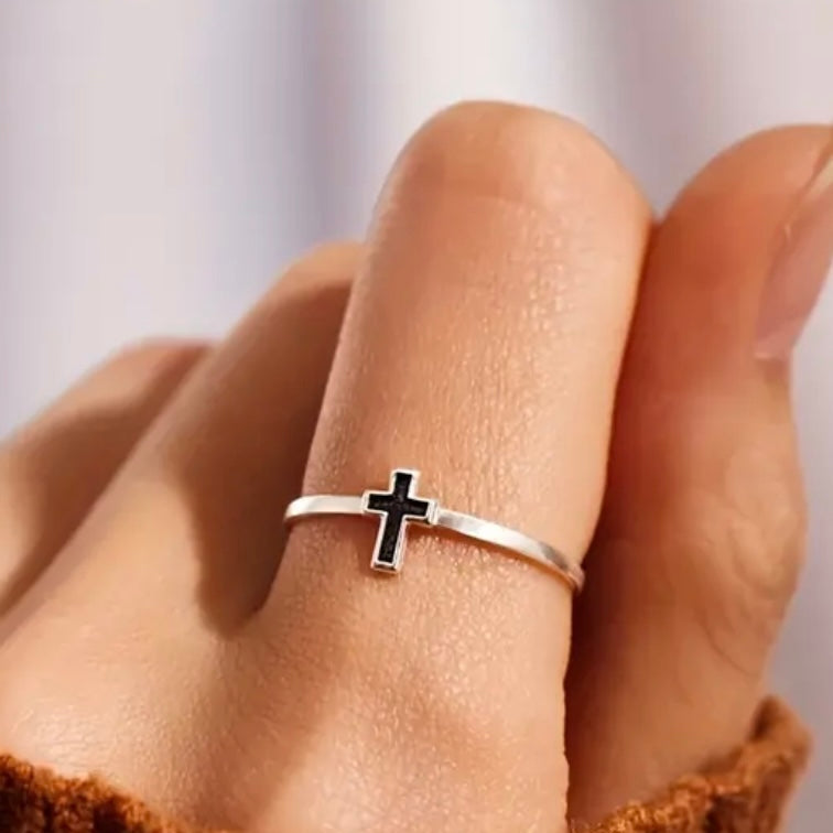 Elegant Simple Sterling Silver Black Enamel Cross Ring
