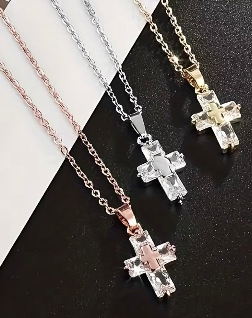Radiant Cross Necklace – Stainless Steel & CZ