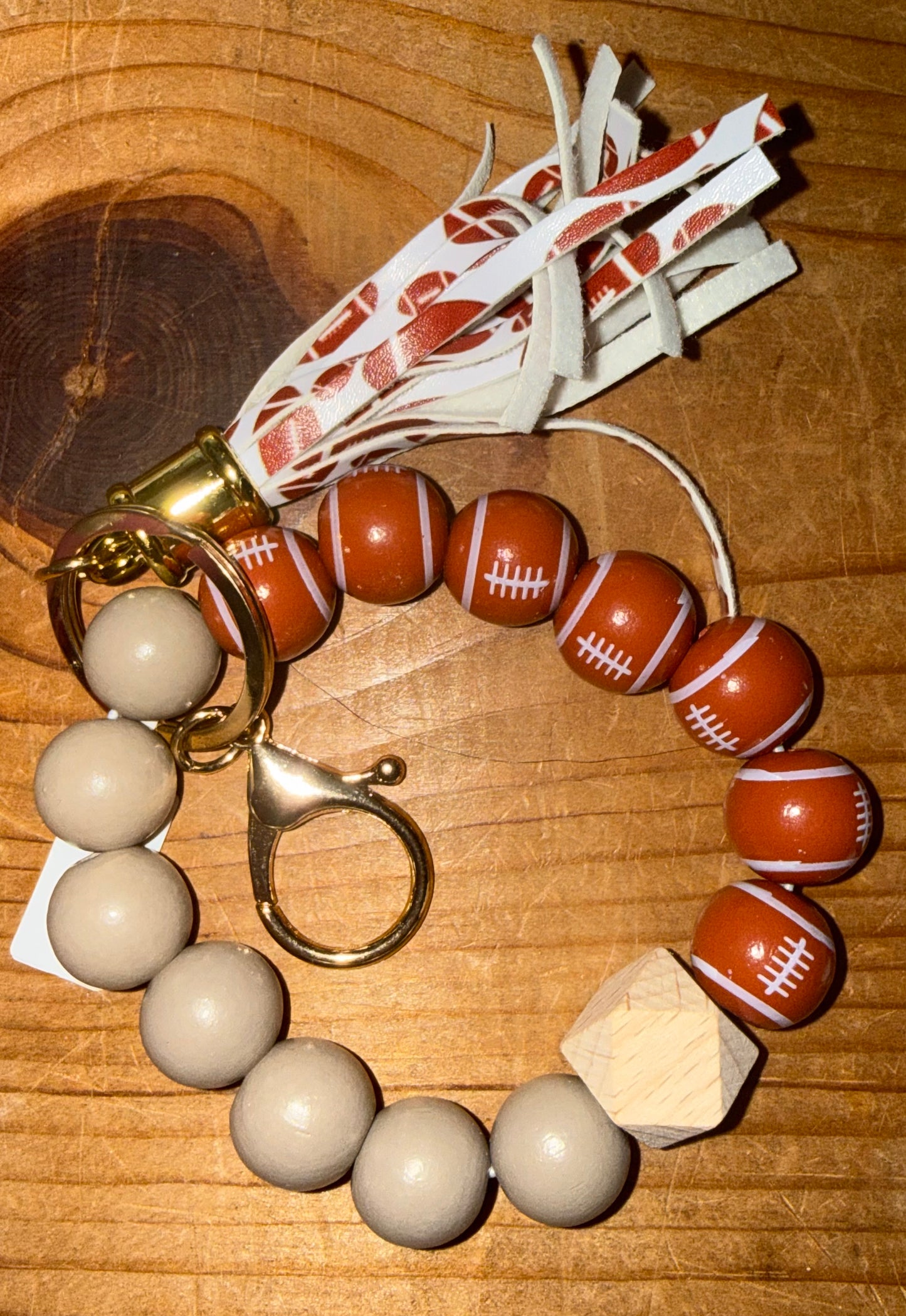 Wood Bead Football Theme Keychain Bracelet