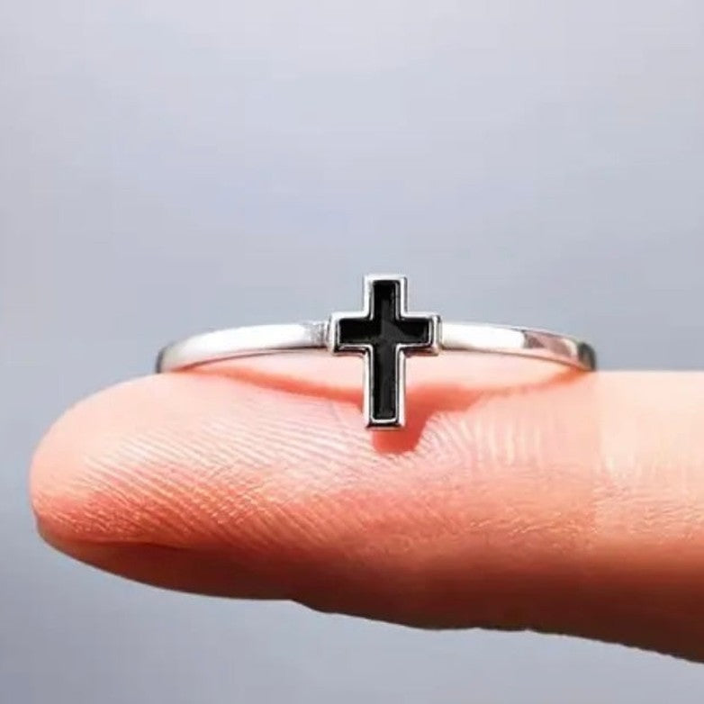 Elegant Simple Sterling Silver Black Enamel Cross Ring