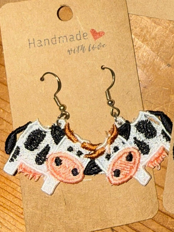 Custom Embroidered Cow Earrings