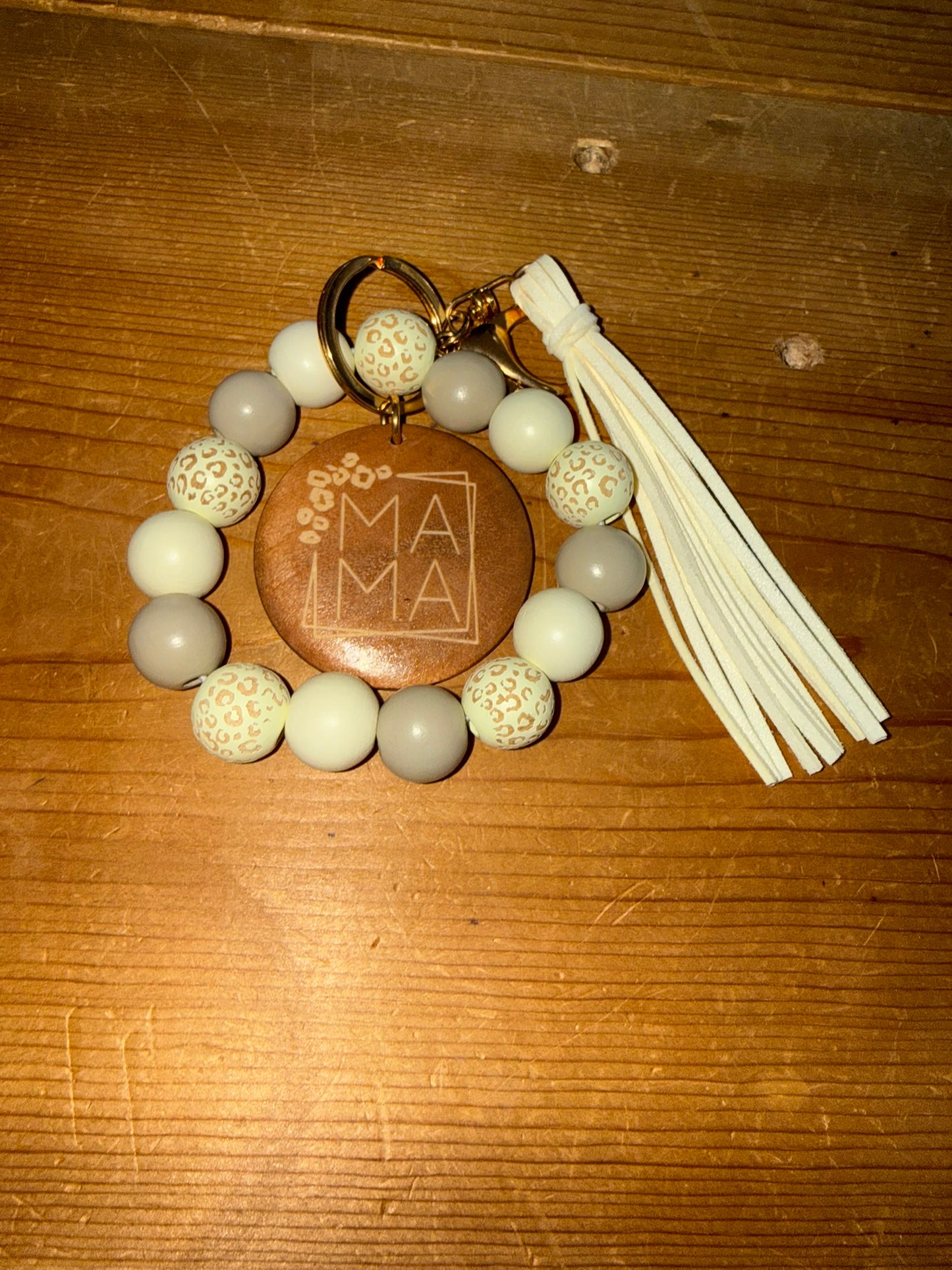 Wood Bead "Mama" Charm Keychain Bracelet
