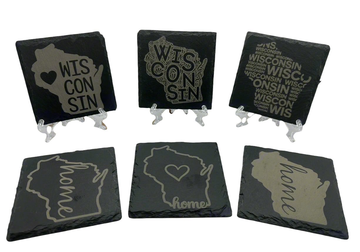 Custom Engraved State Slate Coaster Set with Holder