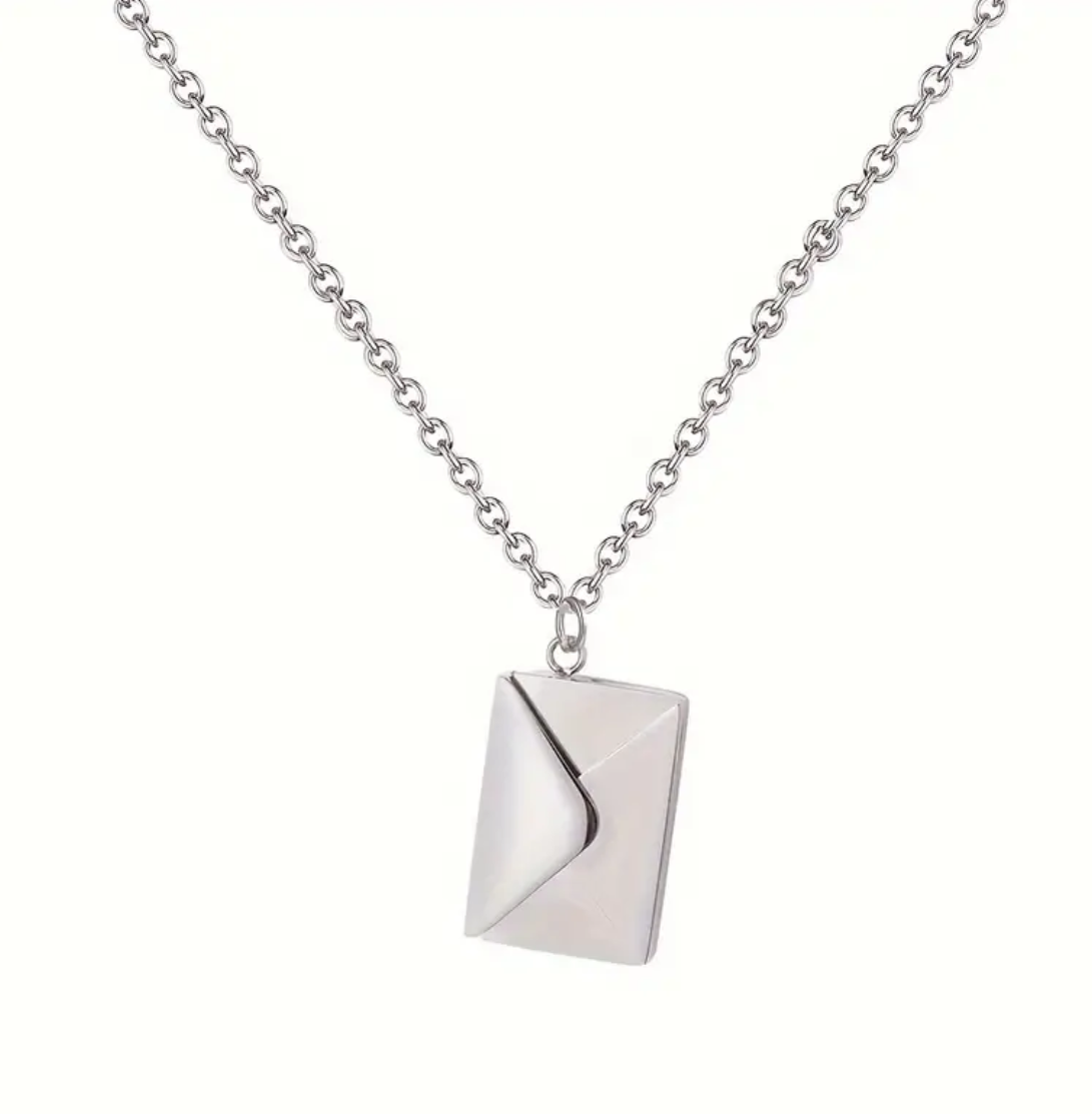 Silver Custom Engraved Stainless Steel Envelope with Letter Necklace