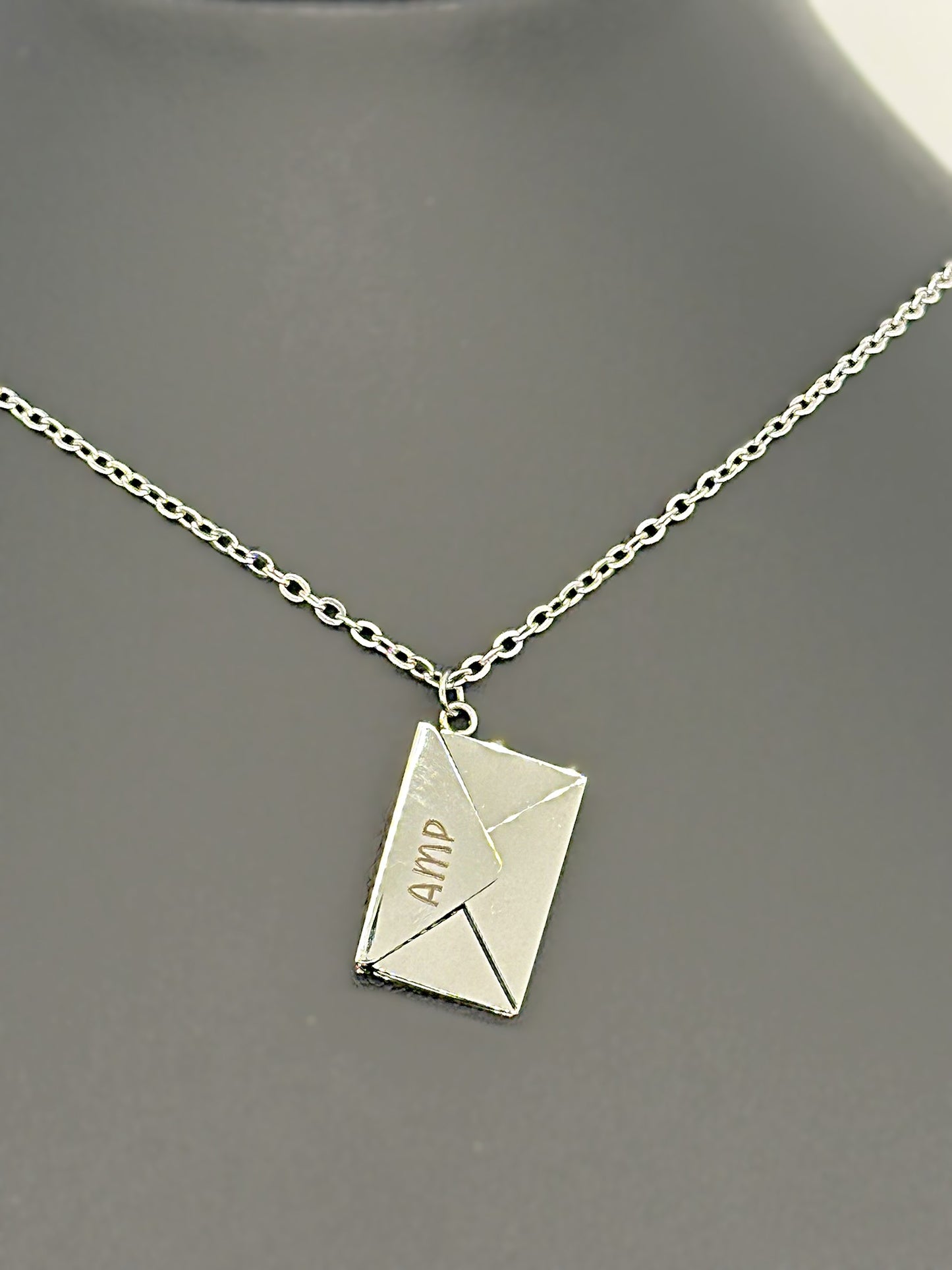 Silver Custom Engraved Stainless Steel Envelope with Letter Necklace