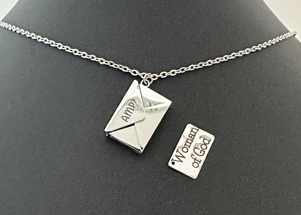 Silver Custom Engraved Stainless Steel Envelope with Letter Necklace