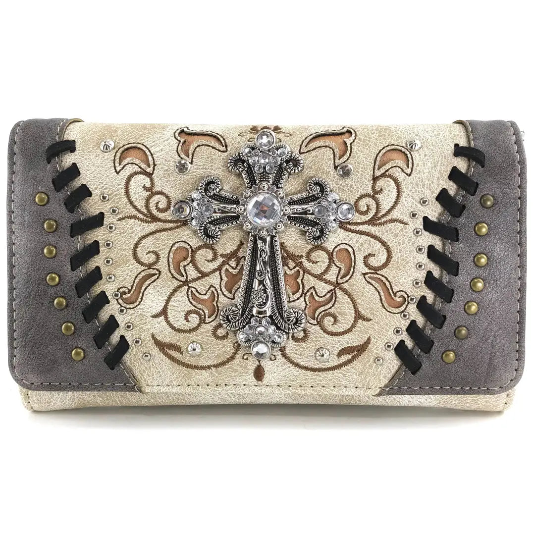 Embellished Cross Vegan Leather Crossbody Clutch Wallet