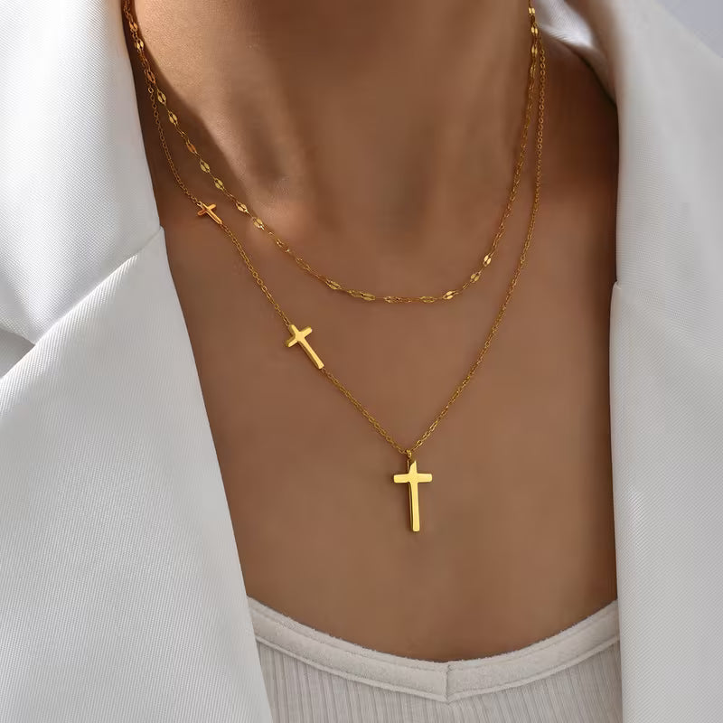 Elegant Stainless Steel Layered Cross Necklace