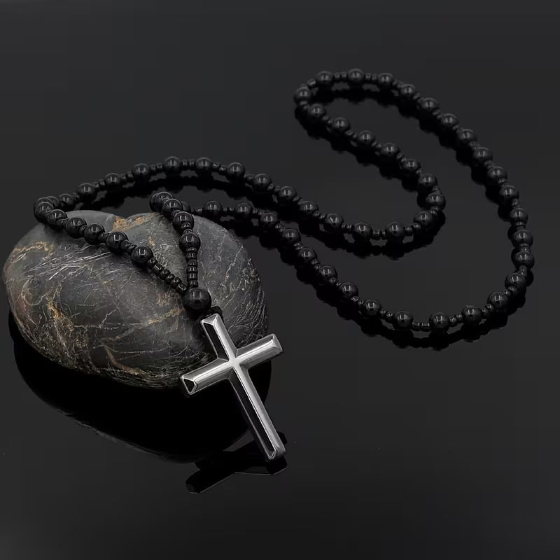 Black Onyx Bead Rosary Necklace