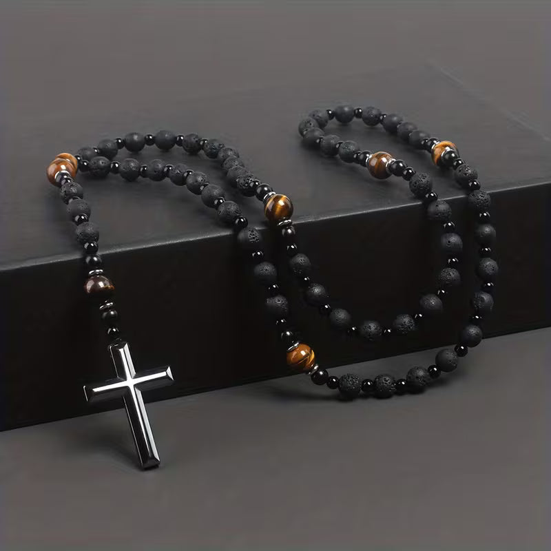 Vintage Black Natural Stone Tiger Eye Bead Rosary