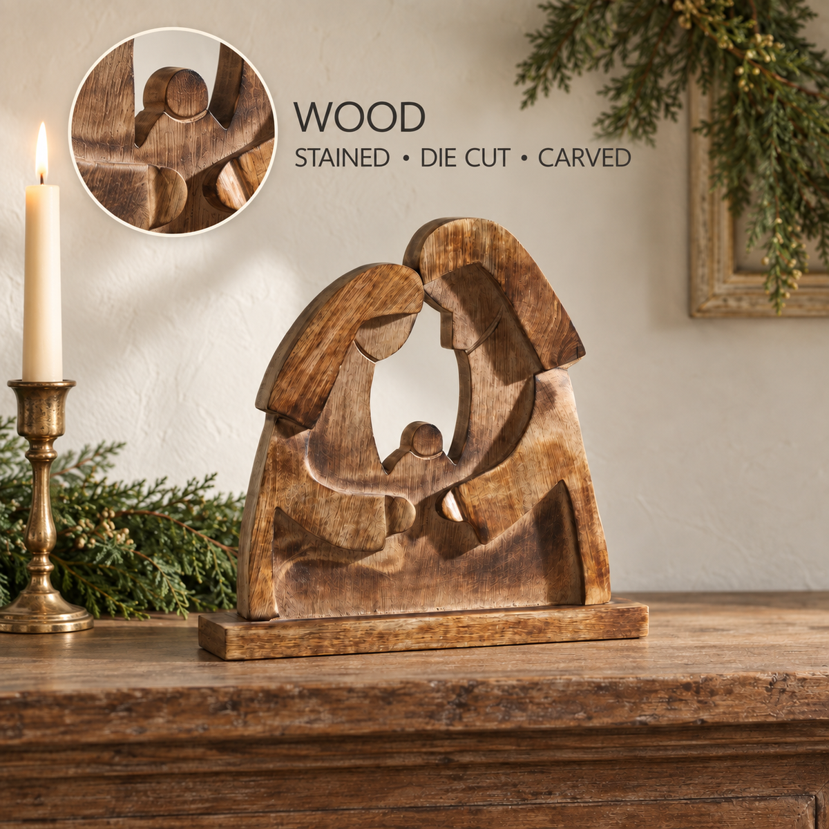 Wooden Nativity Scene with Mary, Joseph & Baby Jesus 12"