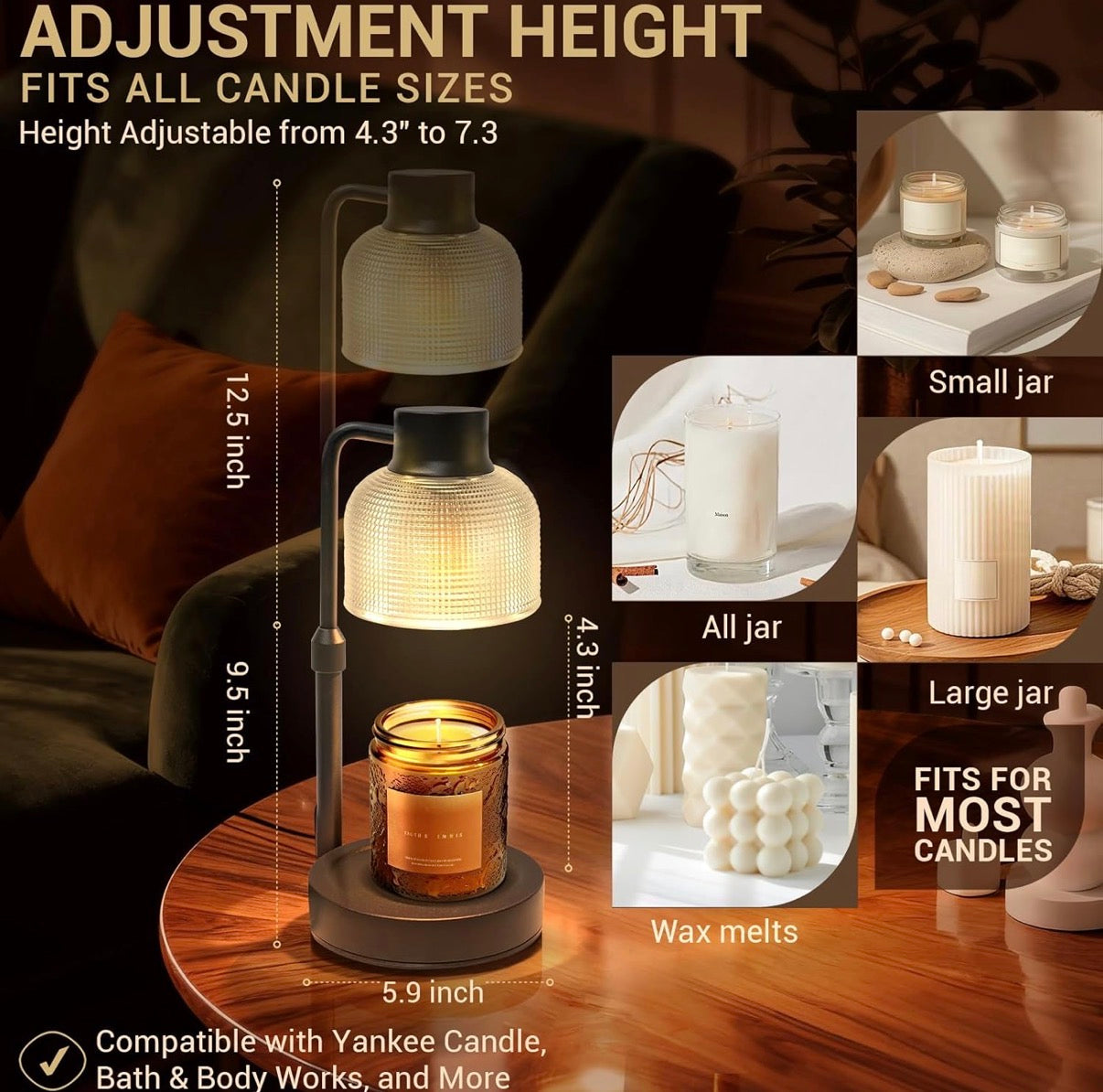 Elegant Adjustable Height Candle Warmer with Timer