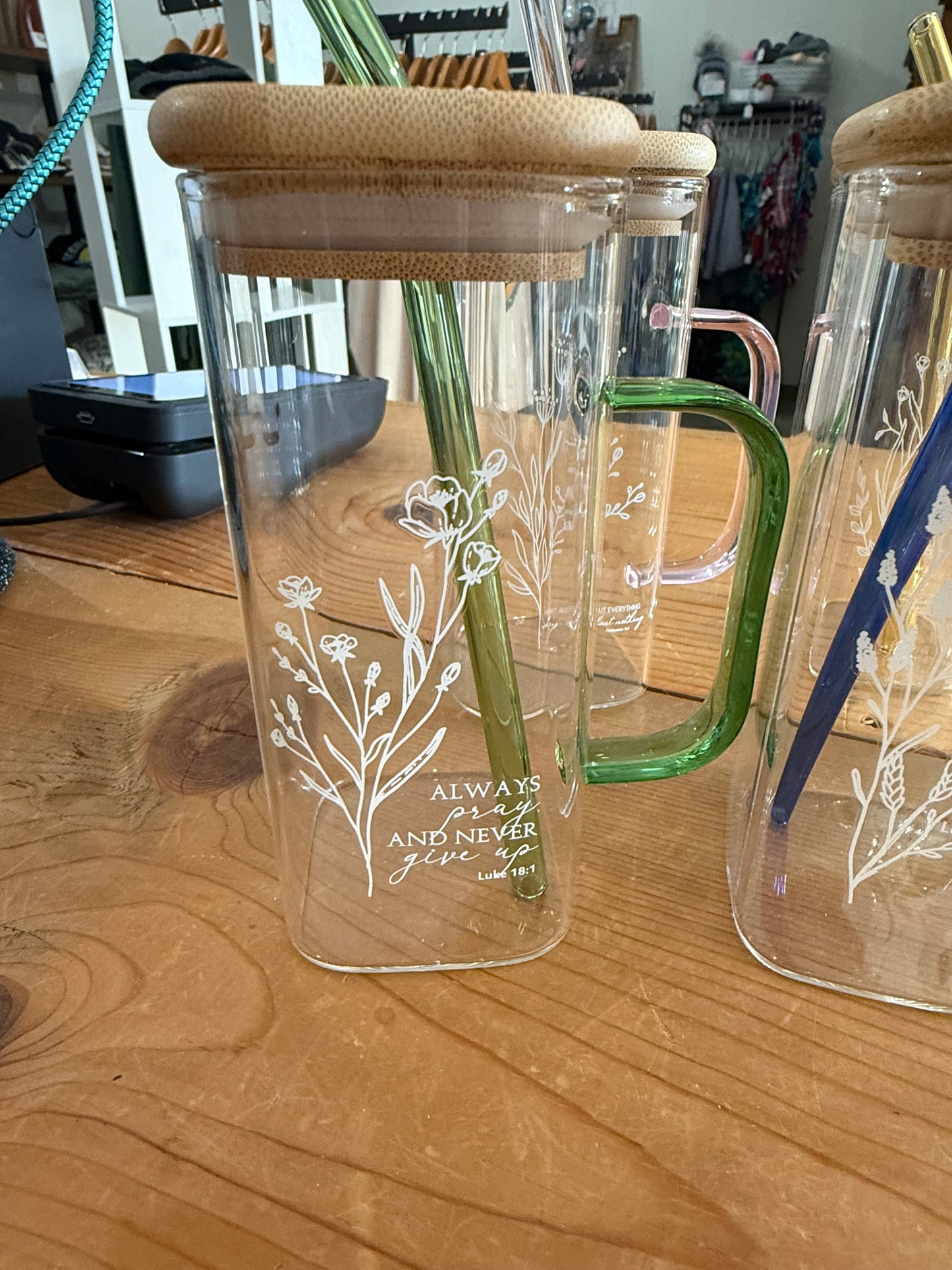 Cute and Simple 13.5 oz Verse Inscribed Bamboo Lid Glasses