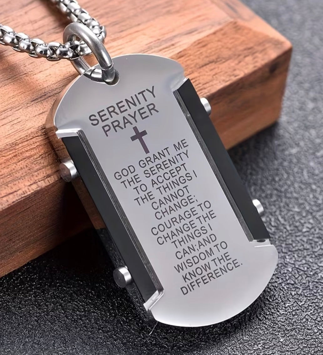 Men’s Stainless Steel Dog Tag Style Serenity Prayer Necklace
