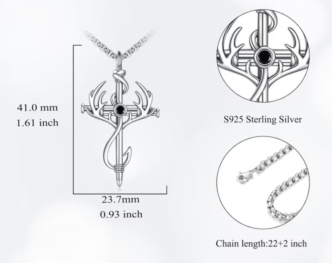 Sterling Silver Antler Fish Hook Cross Necklace