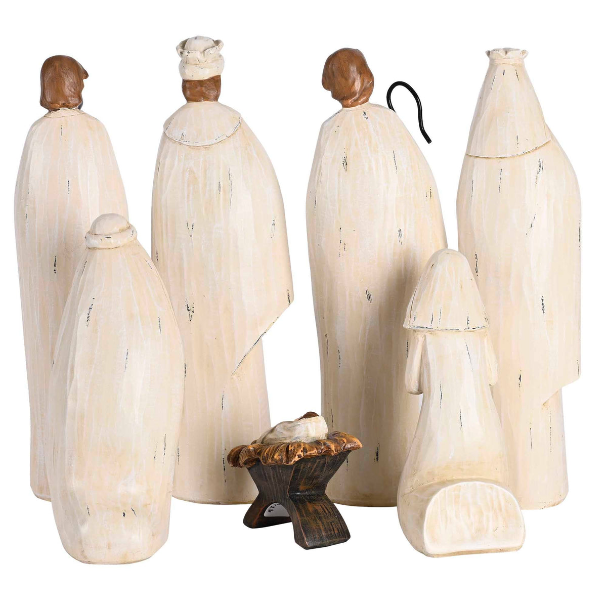 White Carved Wood 7 Piece Nativity 11"H