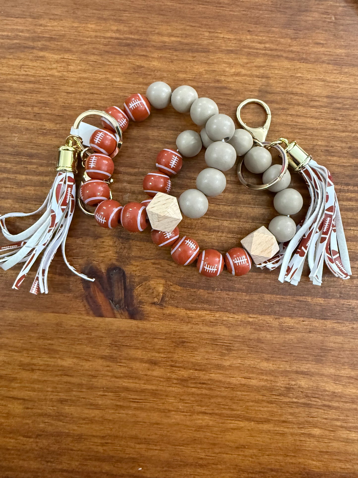 Wood Bead Football Theme Keychain Bracelet
