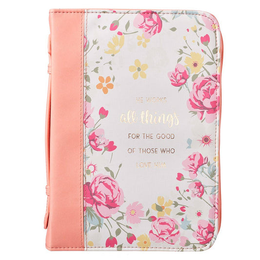 "He Works All Things for Good" Floral Vegan Leather Bible Cover XL